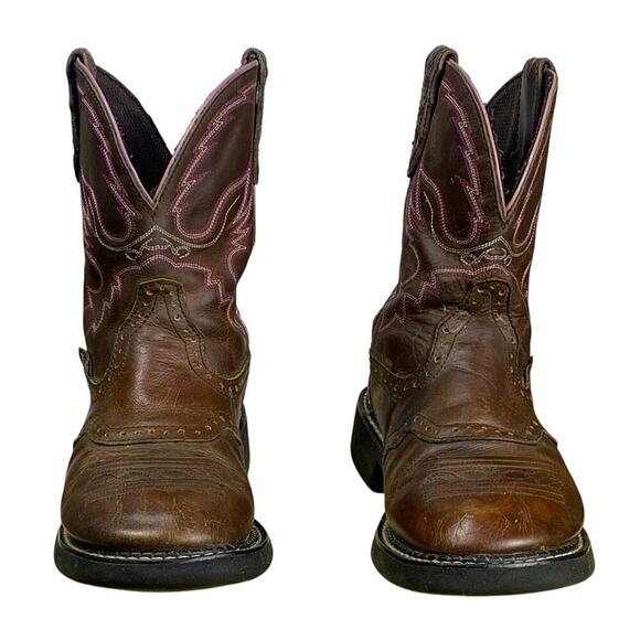 Justin Gypsy Brown Leather Pink Stitching Round Toe Shortie Cowboy Boots 8B - Picture 3 of 8